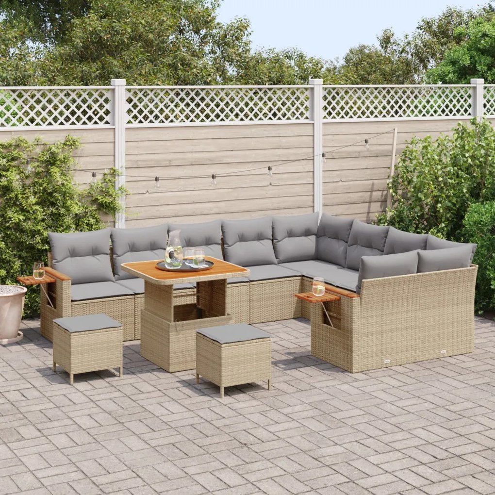12 Darabos Kert Sofa Készlet Párnákkal Bézs Poli Rattan Akácia, 3 Darabos Kert Étkező Készlet Párnákkal Bézs Poli Rattan Akácia