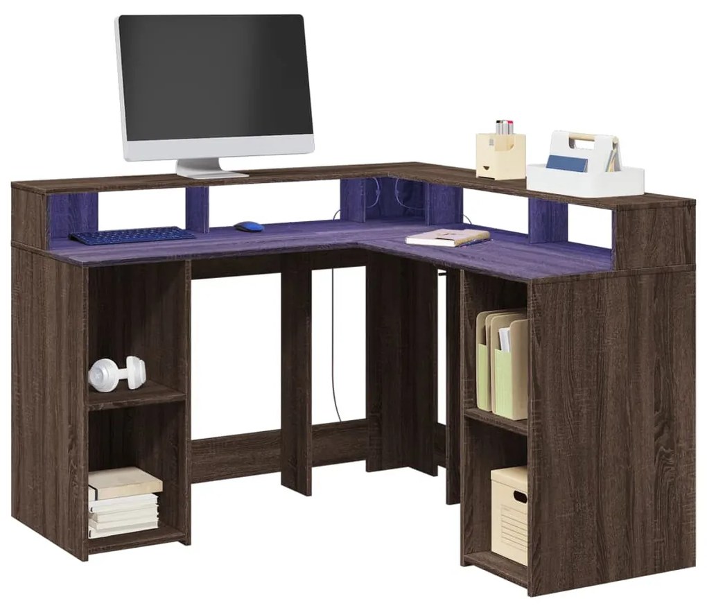 barna tölgy színű szerelt fa íróasztal LED-ekkel 130x130x91 cm