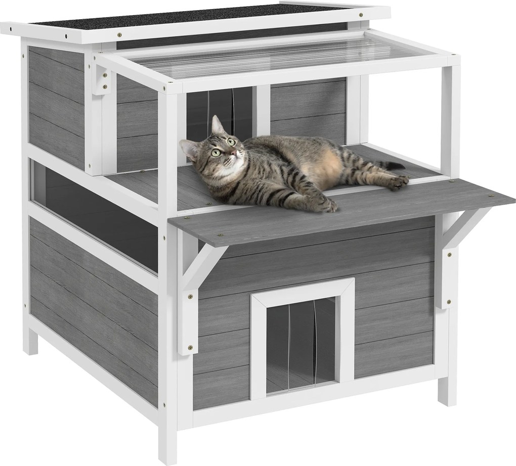 PawHut Macska Barlang, Fenyőfából készült Macska Ház, Macska Ház Erkélykel, Bejáratokkal, 5 kg-ig terjedő macskáknak, Kültéri, 64 x 87 x 76 cm, Világo