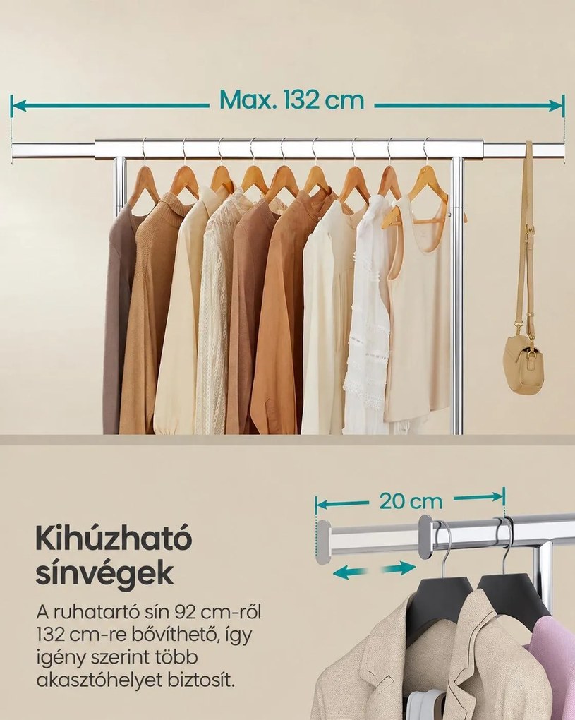 Nagy teherbírású gurulós ruhatartó, kihúzható 92–132 cm-es ruharúddal, fékezhető görgőkkel, max. 90 kg, ezüst