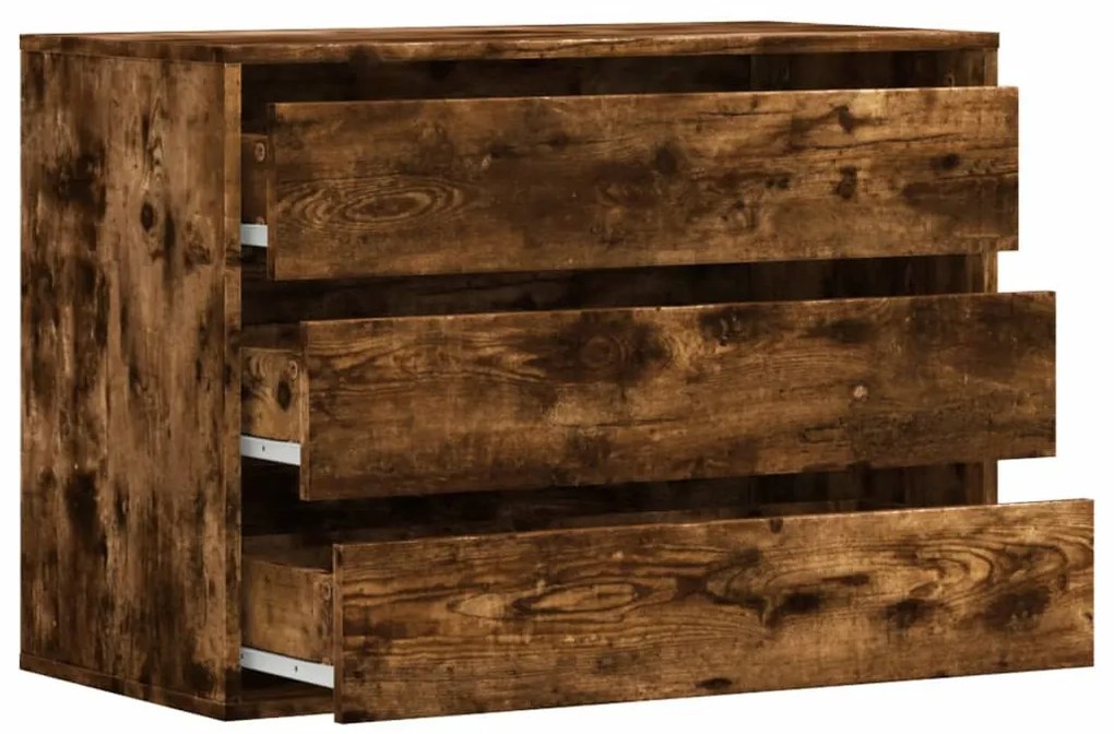 füstös tölgy színű szerelt fa fiókos sarokszekrény 80x41x58 cm