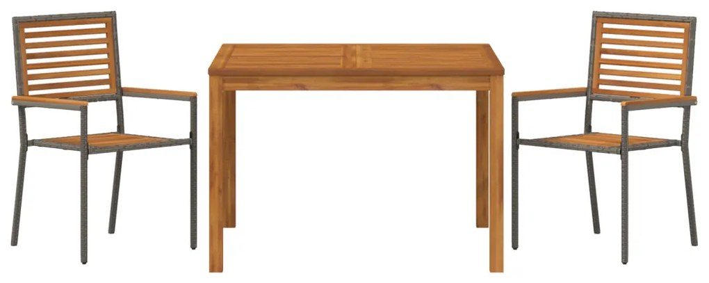 3 részes Kerti Étkező Garnitúra Szürke Poly Rattan Akác, Egymásra Rakható Kerti Székek Párnákkal 2 db Szürke Poly Rattan