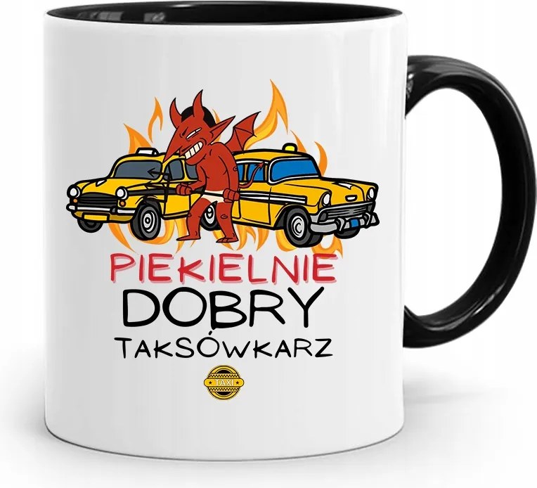 Fekete Bögre Pokolian Jó Taxisofőrnek, fényképes nyomattal
