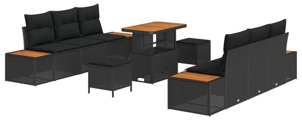 9 darabos kerti sofa szett párnákkal fekete poli rattan akác, 3 darabos kerti étkező szett párnákkal fekete poli rattan akác