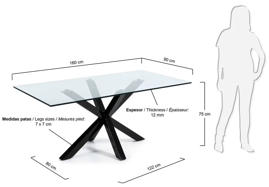 Étkezőasztal üveg asztallappal, fekete lábakkal - 160 x 90 cm - Kave Home