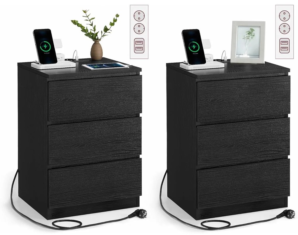 Éjjeliszekrény 2 darabos szett, 2 hálózati aljzattal és 2 usb-porttal, fekete színben