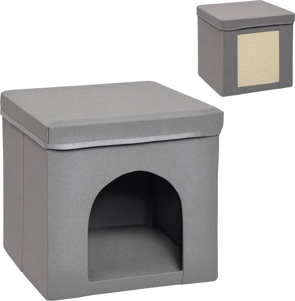 PawHut Macska Ház - Macska Ágy - Macska Kunyhó Karcoló Deszkával és Belső Ajtóval - 36,6x36,6x36,6 cm Szürke | Aosom