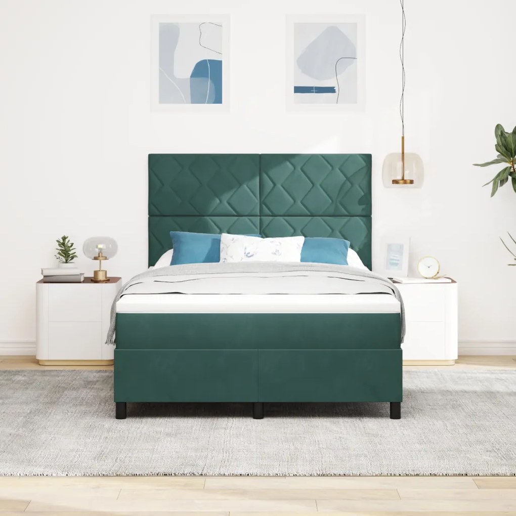 Boxspring Ágy Mattal & LED Sötét Zöld 140x200 cm Bársony