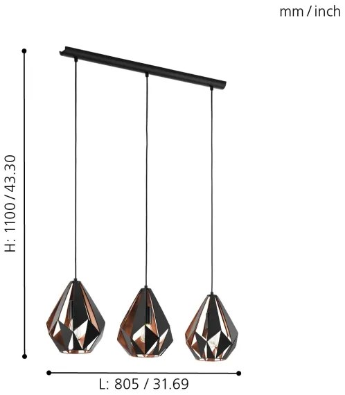 Eglo 49991 - Függeszték CARLTON 1 3xE27/60W/230V