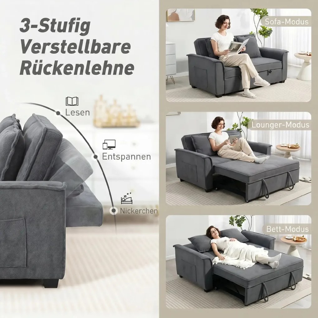 HOMCOM Futon kanapéágy, állítható háttámlával, 2 személyes, 2 párnával, sötétszürke
