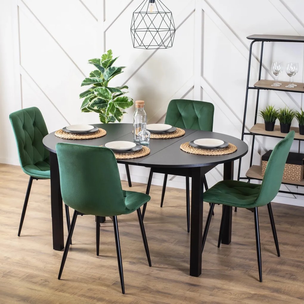 Étkezőgarnitúra 4 db. Székkel. Bővíthető asztal HARRY 102-142 cm + 4 db. Zöld bársony étezőszék. ROBIN