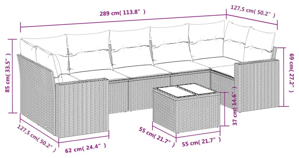 8 részes fekete polyrattan kerti ülőgarnitúra párnákkal