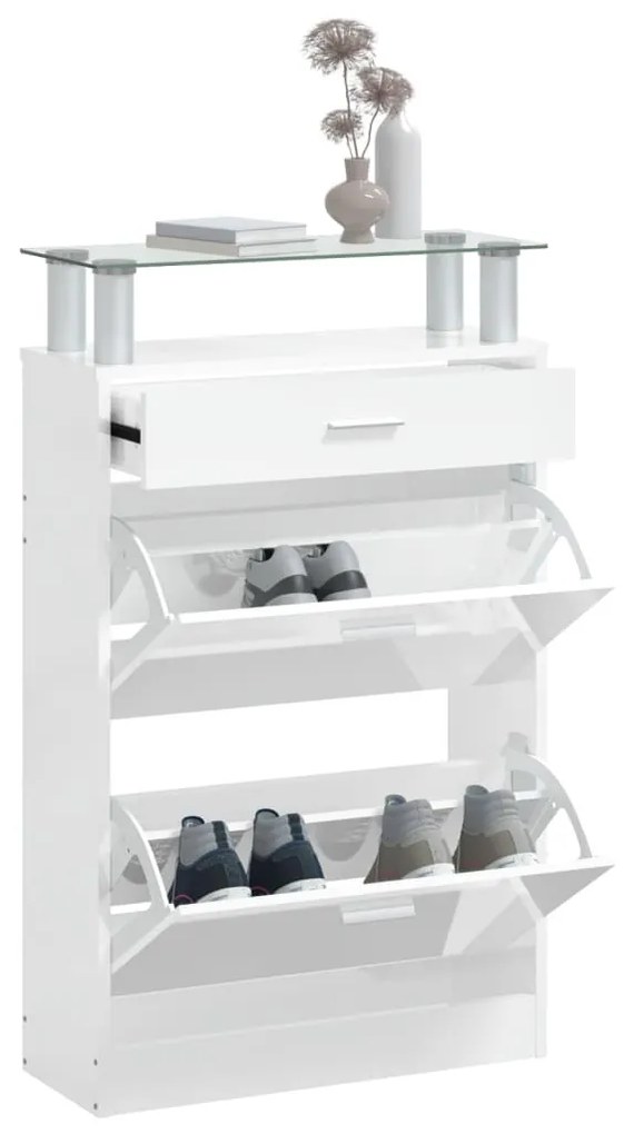 vidaXL magasfényű fehér szerelt fa cipőszekrény 63x24x104 cm