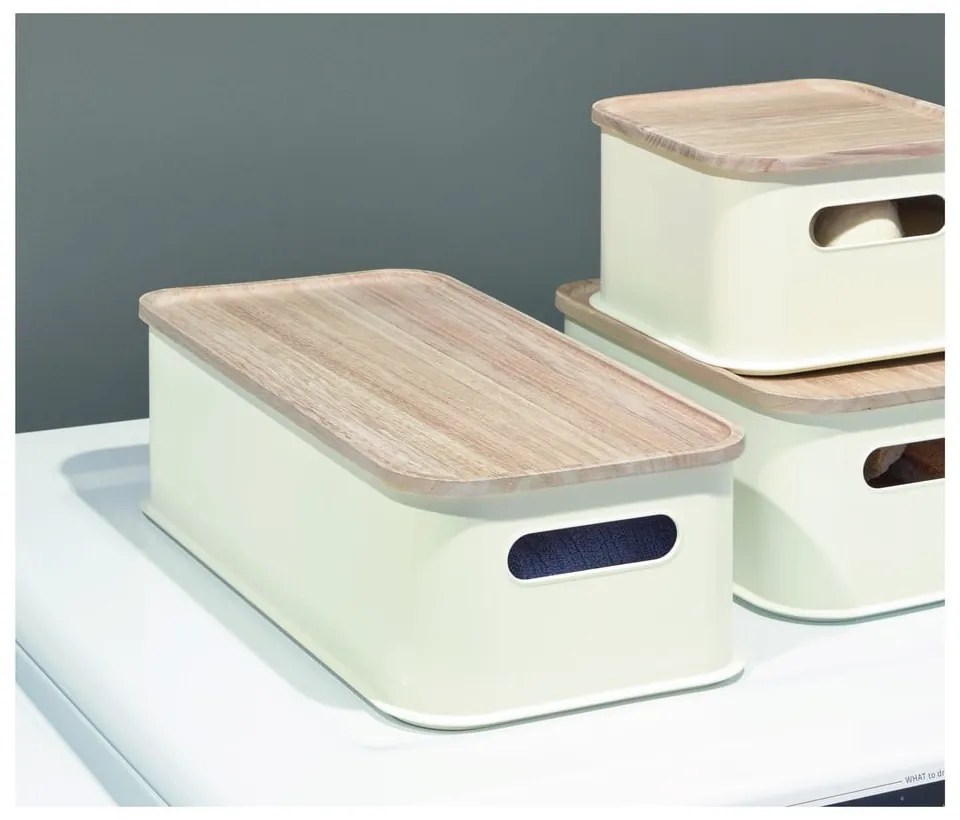 Eco Handled fehér tárolódoboz paulownia fa fedéllel, 21,3 x 43 cm - iDesign