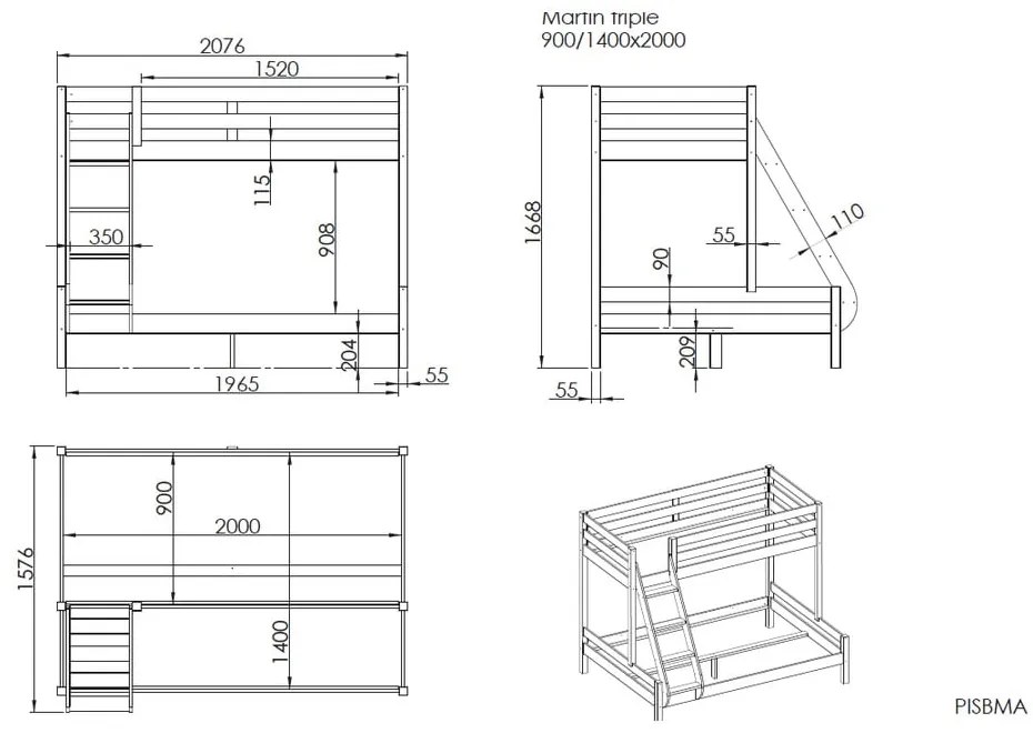 Pino Martin borovi fenyő emeletes gyerekágy, 140x200/90x200 cm - Vipack
