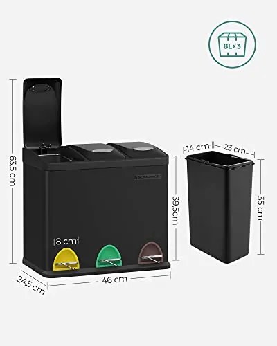 Szelektív konyhai hulladékgyűjtő, pedálos fedéllel, 3 x 8 literes vödörrel, acél, fekete