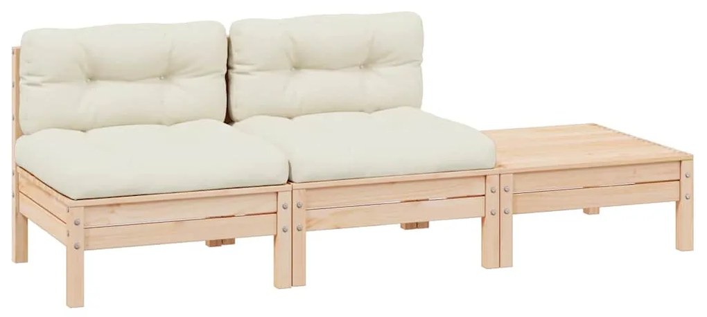 vidaXL 3 részes tömör fenyőfa kerti ülőgarnitúra krémszínű párnákkal