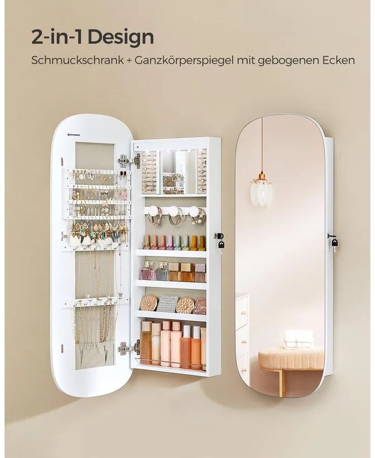 SONGMICS LED-es tükör ékszertárolóval 10×42×108 cm, fehér