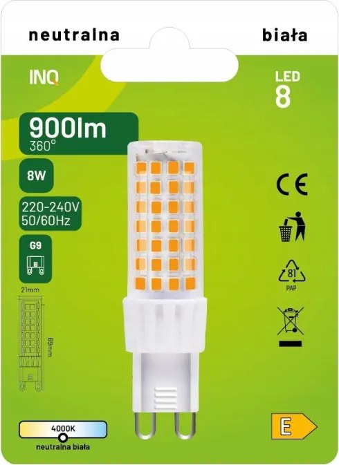 Led G9-es Fényforrás 230V 8W (67W-nak megfelelő) Semleges Fehér 4000K 900Lm