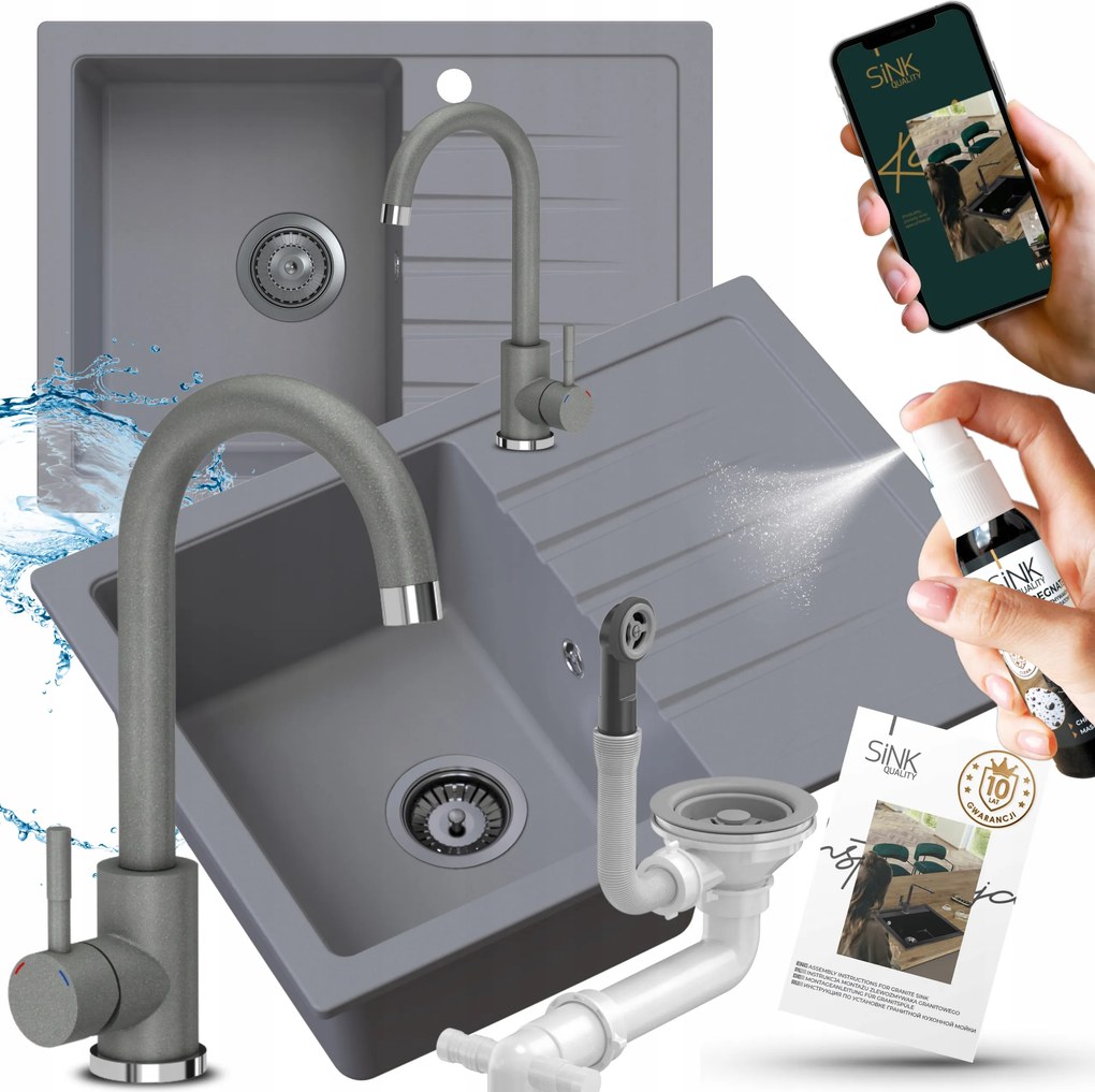 Gránit Mosogató Egykamrás Szürke Konyhai Csaptelep Szürke Szifon 6in1