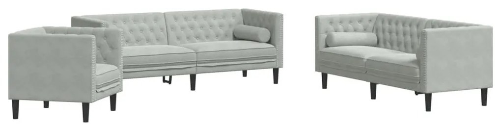 3 részes világosszürke bársony párnás Chesterfield kanapé szett