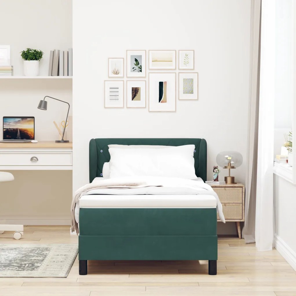 Boxspring Ágy Matrac Nélkül - Sötét Zöld - 90x190 cm - Bársony