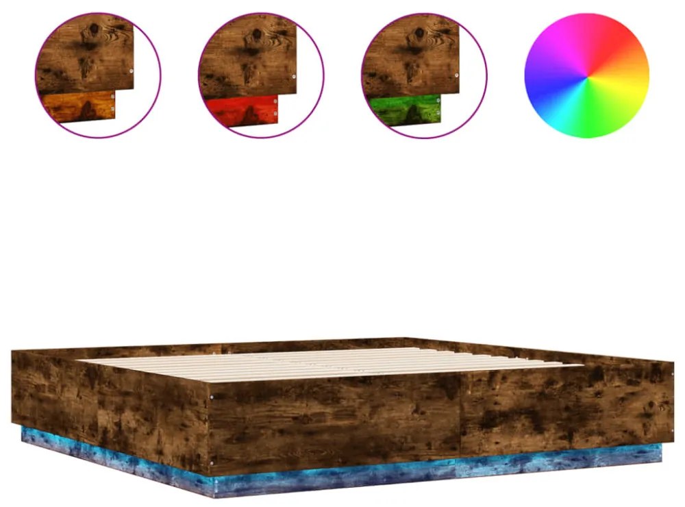 füstös tölgy színű szerelt fa ágykeret LED-del 200 x 200 cm