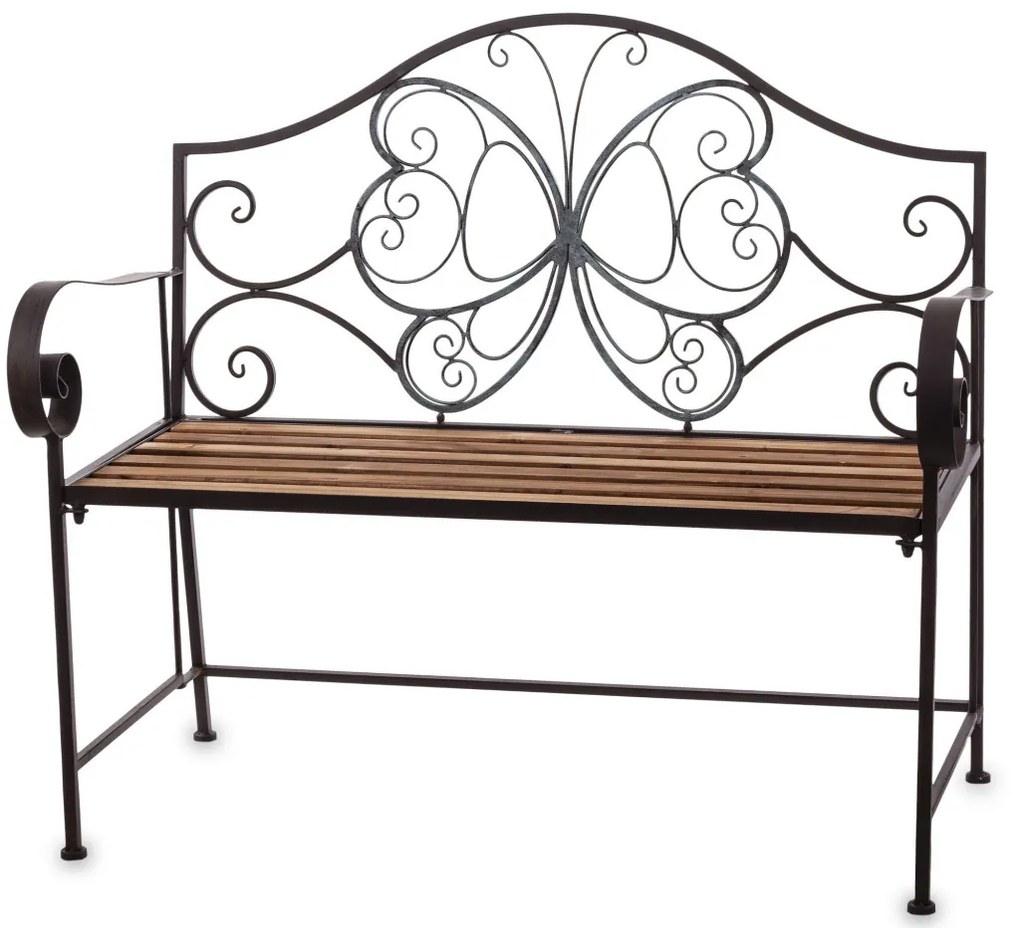 Kovácsoltvas jellegű barna fekete fémvázas kerti pad fa lécekkel 96x108x53cm