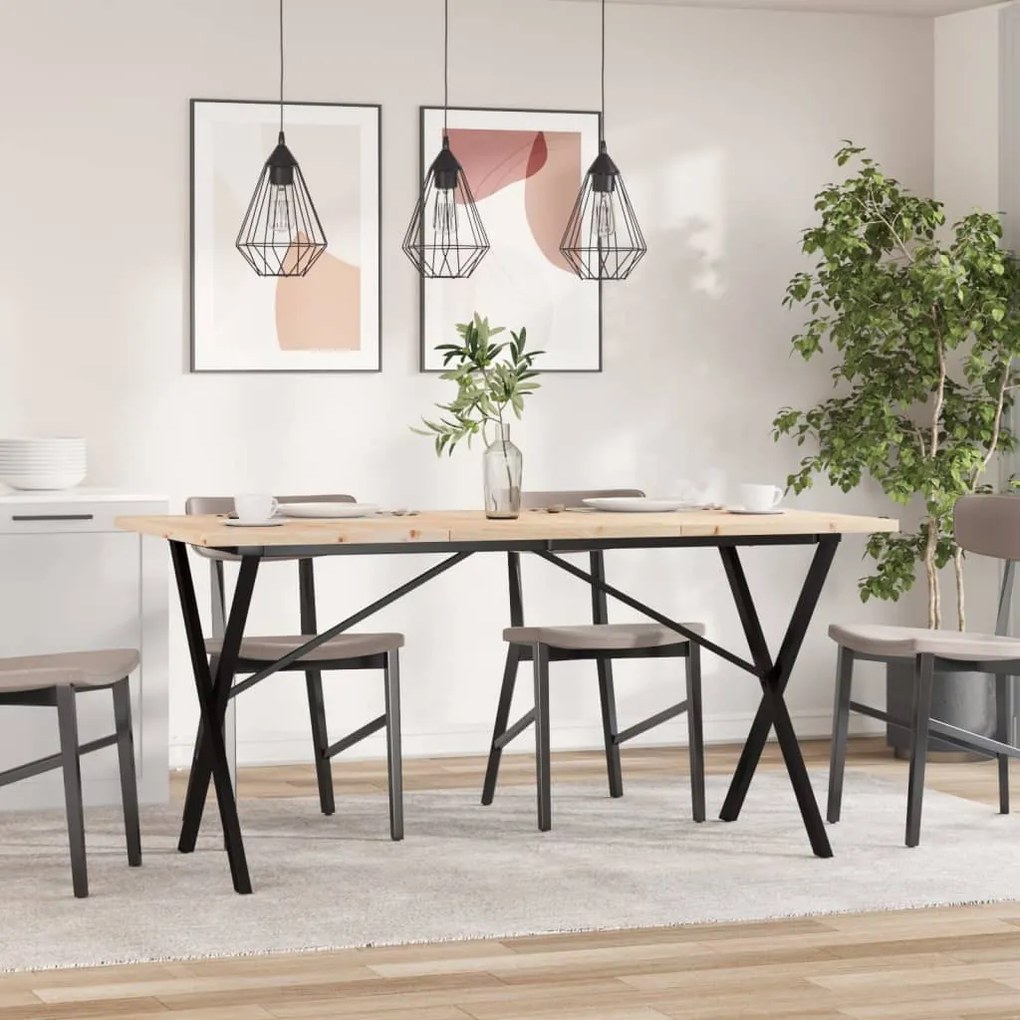 Tömör fenyőfa és acél étkezőasztal X-vázzal 140x80x75,5 cm