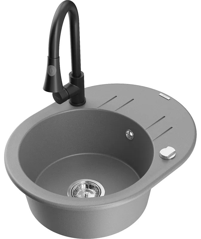 Mexen Kevin, 1 kamrás gránit mosogató 586x458x190 mm és Elia mosogató csaptelep, szürke, 6517-71-670101-70