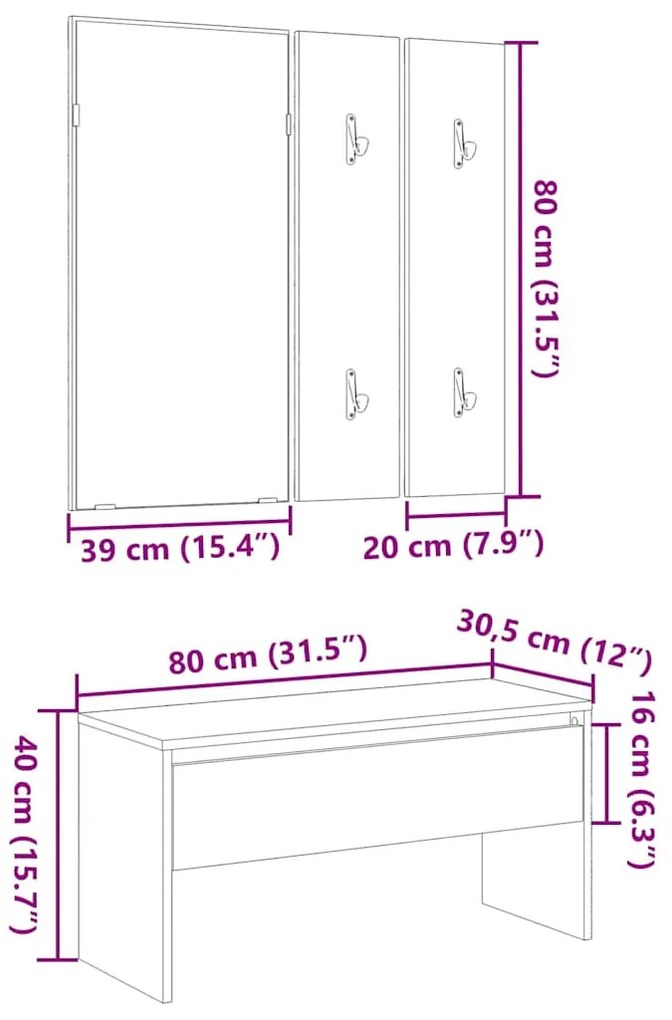 vidaXL kézműves tölgy színű szerelt fa előszobai bútorszett