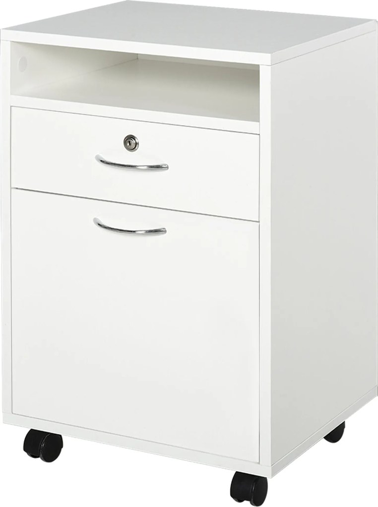 HOMCOM Irodai Mappa Kocsi 2 Kulccsal, Fiókkal, Szekrénnyel és 4 Kerekével Fehér Fából, 40x35x60cm | Aosom