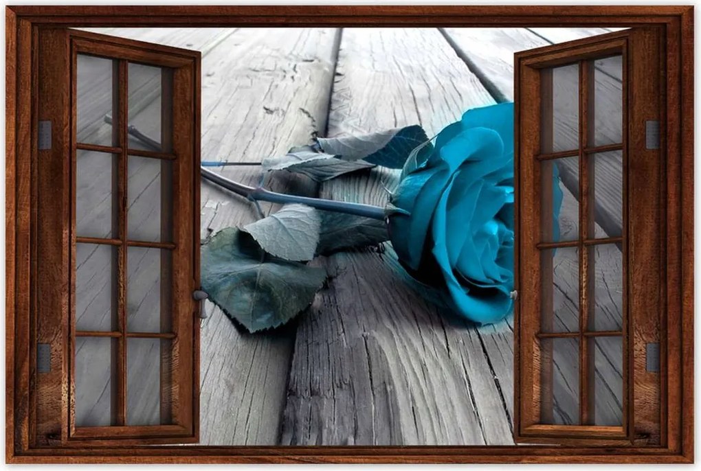 Poszterek 60x40 Kék rózsa a deszkákon