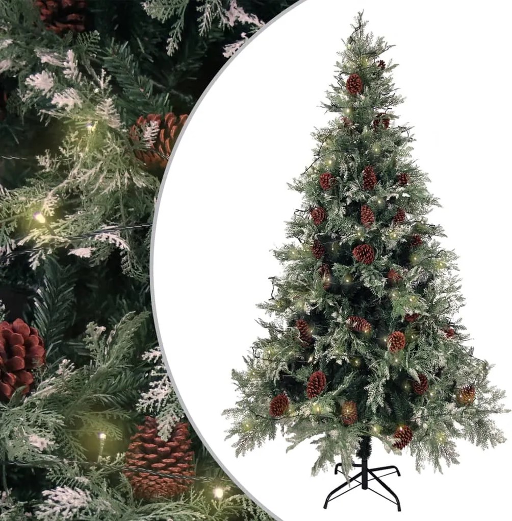 vidaXL zöld-fehér PVC és PE megvilágított karácsonyfa tobozzal 195 cm