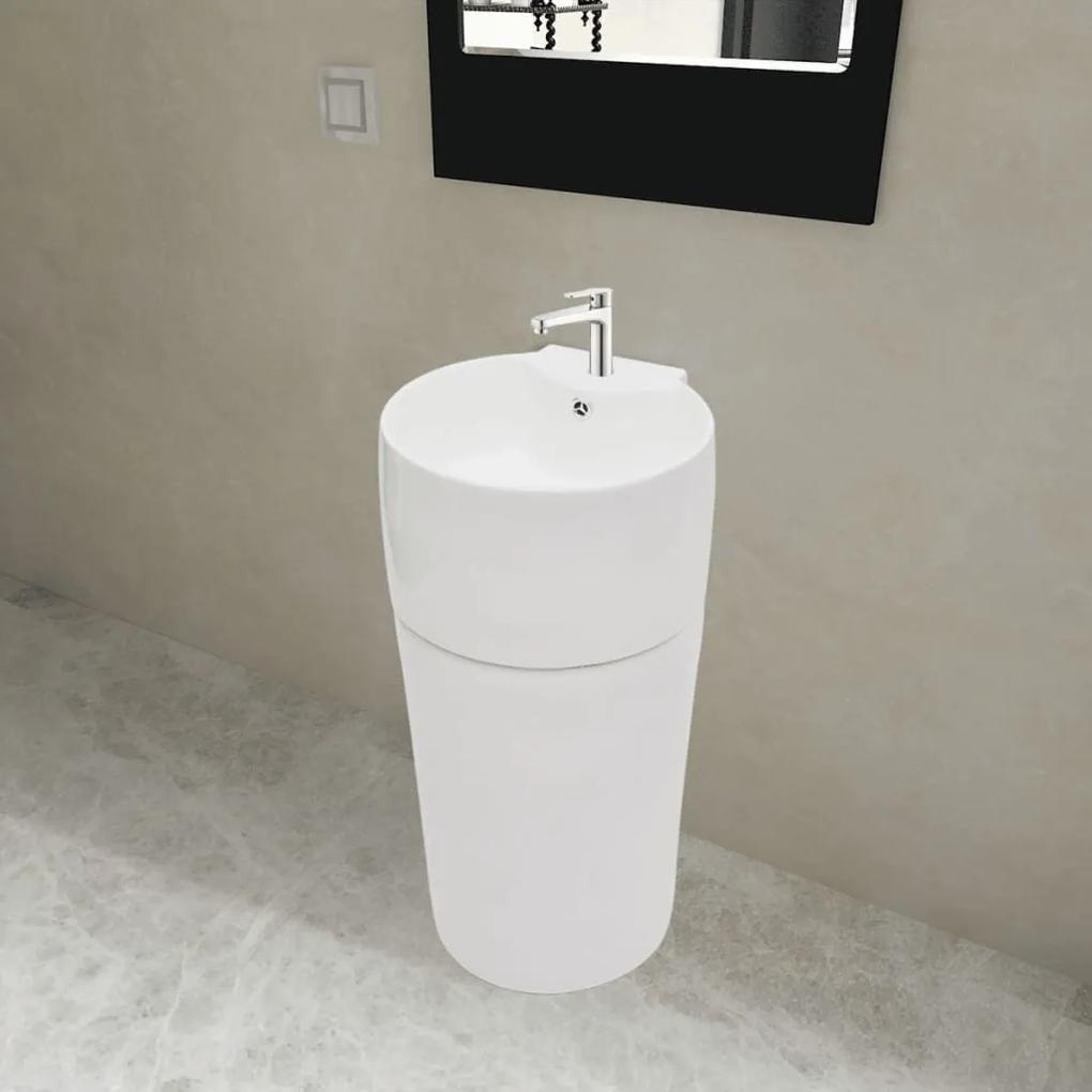 vidaXL Kerek álló kerámia fürdőszoba mosdókagyló csaptelep/túlfolyó lyukkal fehér