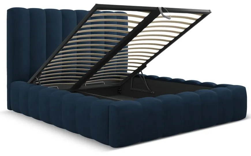 Sötétkék kárpitozott ágyneműtartós franciaágy ágyráccsal 180x200 cm Kelp – Micadoni Home