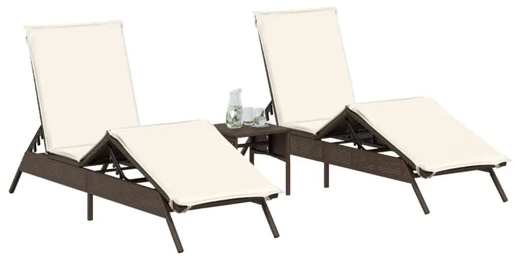 2 db barna polyrattan napozóágy asztallal