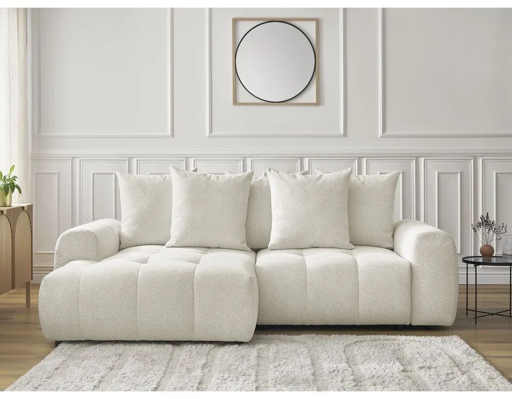 Fehér zsenília kinyitható-tárolóhelyes sarokkanapé (bal oldali-heverő résszel) Roxelane – Bobochic Paris