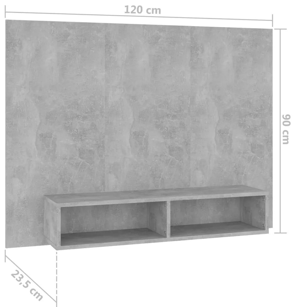 betonszürke szerelt fa fali TV-szekrény 120 x 23,5 x 90 cm