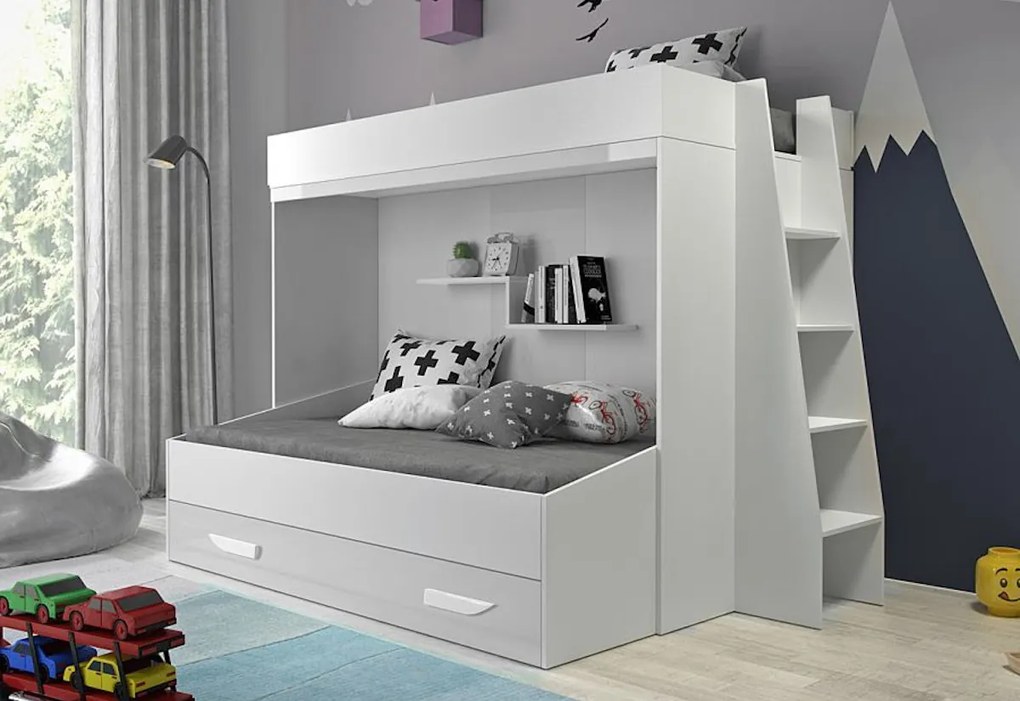 AKTION 17 emeletes gyerekágy, 230x165x135, fehér / fehér fényes / fehér fogantyúk
