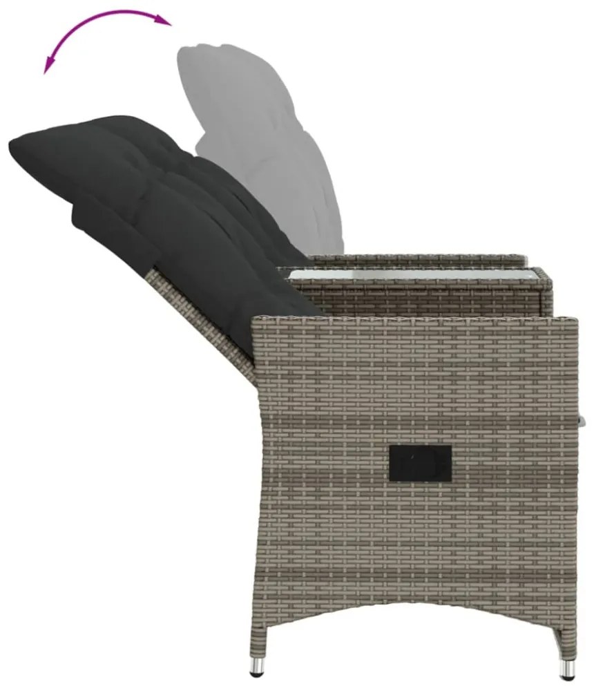 2 személyes szürke polyrattan dönthető kerti kanapé asztallal