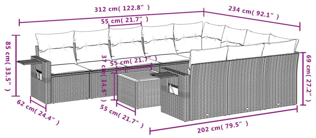 11 részes szürke polyrattan kerti ülőgarnitúra párnákkal