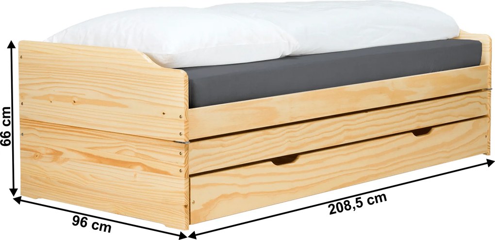 Ágy kihúzható pótágyakkal, természetes, tömörfa, 90x200, FLOPY