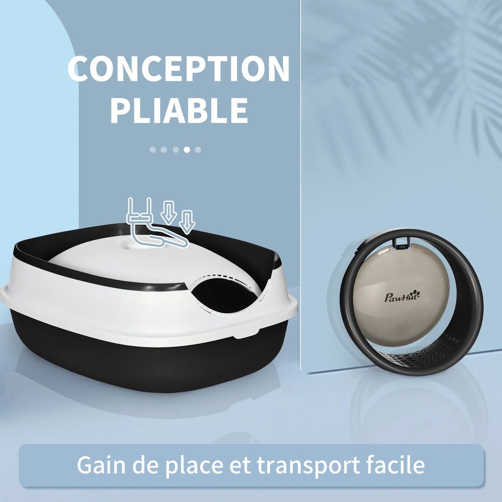 PawHut Macska Alomtálca Macska WC Ház Összecsukható Lengőajtó Tetőablakkal + Kanállal Tartalmazza 52 x 41 x 38 cm - fekete fehér | Aosom