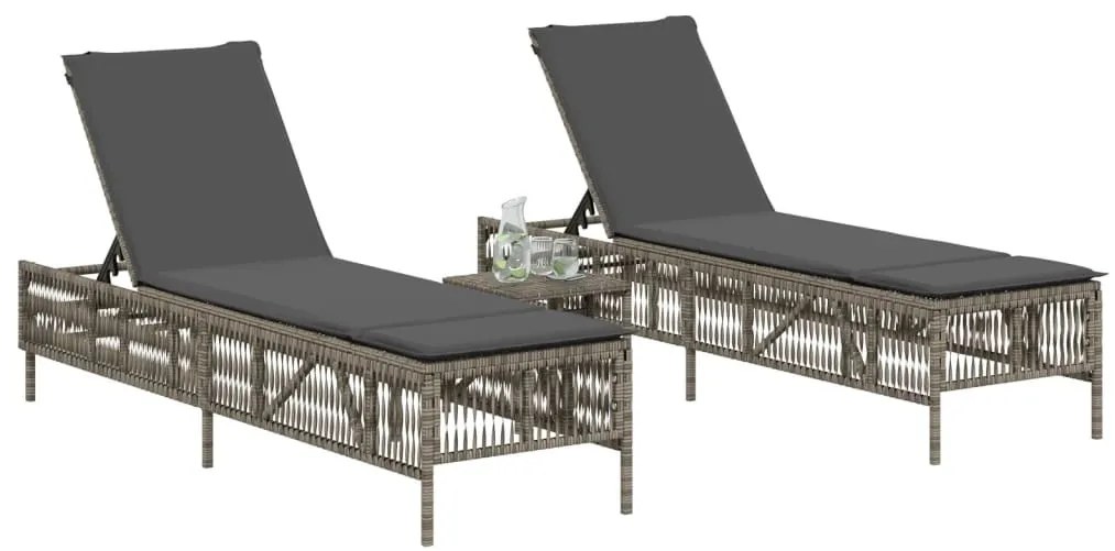 2 db szürke polyrattan napozóágy asztallal