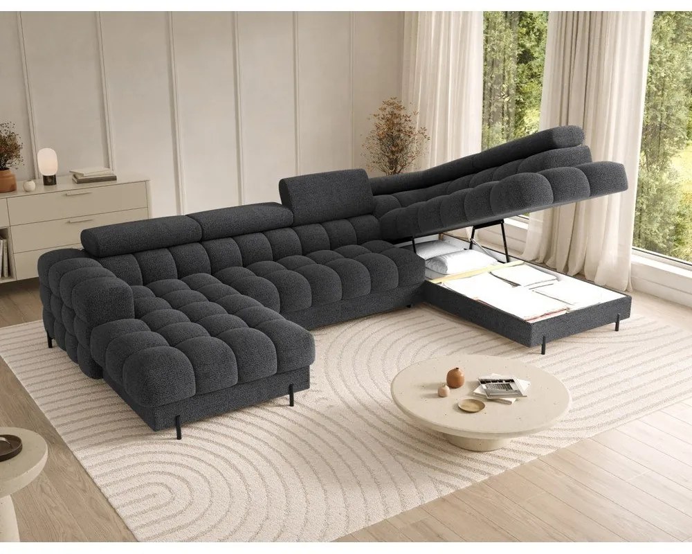 Sötétszürke buklé kinyitható sarokkanapé (jobb oldali-U alakú) Feraria – ELTAP