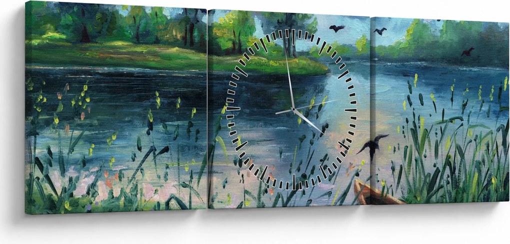 Kép - olajfestmény, Nyári este a tónál (órával) (90x30 cm)