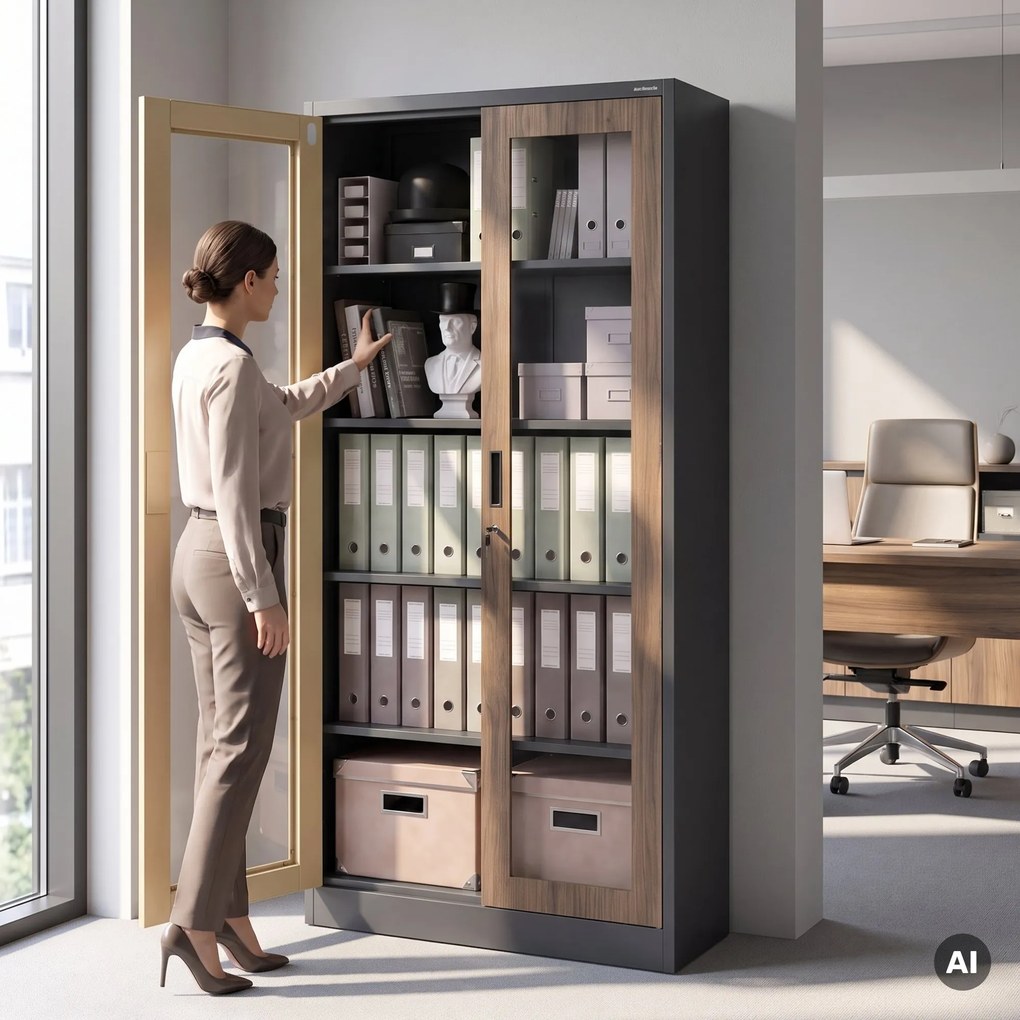 Fém szekrény vitrinnel, antracit, dió, 900x1850x400 mm: AMELIA Eco Design