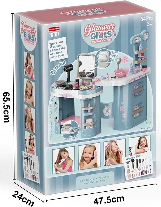 Játék fodrászállomás, elektromos hajszárítóval és hajvasalóval, tükörrel, sminkkiegészítőkkel, több tárolópolccal