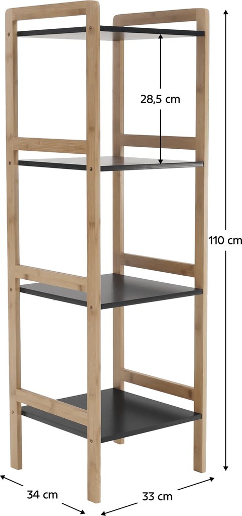 4 polcos állvány, természetes/fekete, NAOKO